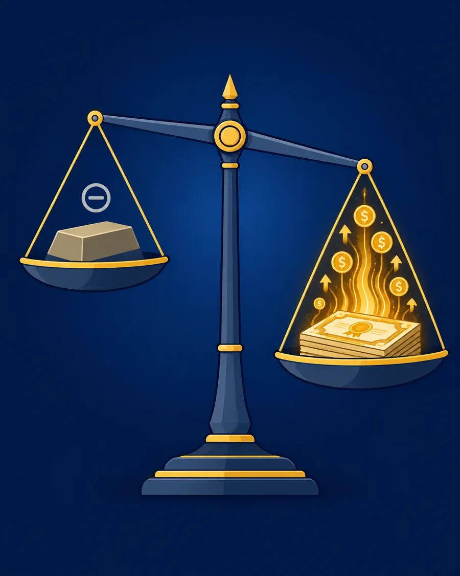 Illustration of a scale weighing non-yielding gold against interest-paying bonds