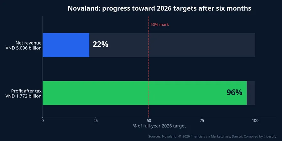 Novaland's progress toward its 2026 targets after six months: 22% of revenue, 96% of profit after tax