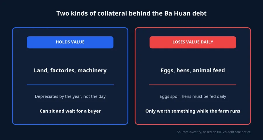 Two kinds of collateral: land and buildings hold value, while eggs, hens and feed lose value daily