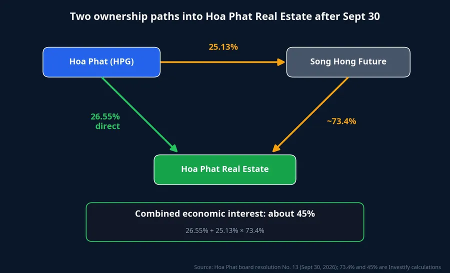 Two ownership paths: Hoa Phat holds 26.55% of Hoa Phat Real Estate directly and 25.13% of Song Hong Future, which holds about 73.4% of Hoa Phat Real Estate; combined economic interest about 45%
