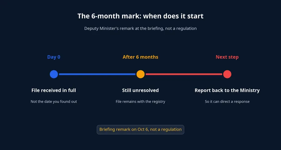 The 6-month mark runs from the date the file is fully received, after which you report back to the Ministry of Finance