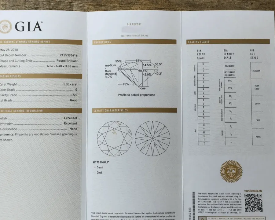 A GIA certificate showing the report number and a QR code for lookup