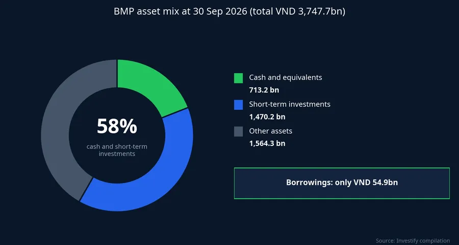 BMP asset mix at September 30, 2026: 58% in cash and short-term investments, borrowings of only VND 54.9 billion