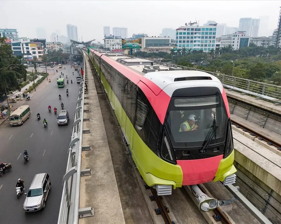 A metro train running on an elevated line in Hanoi