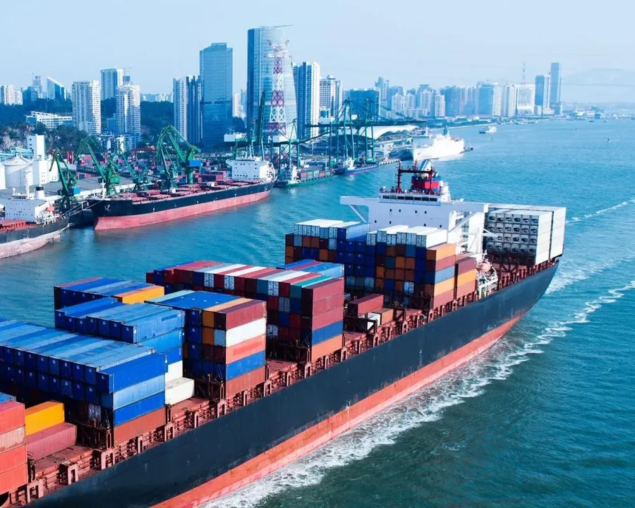 Export cargo stacked on a container ship