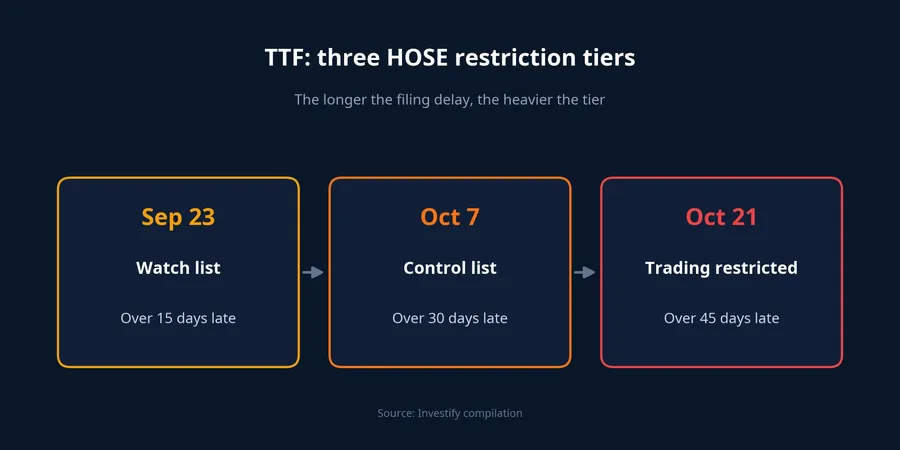 Three HOSE restriction tiers for TTF by days of delay in filing the half-year report