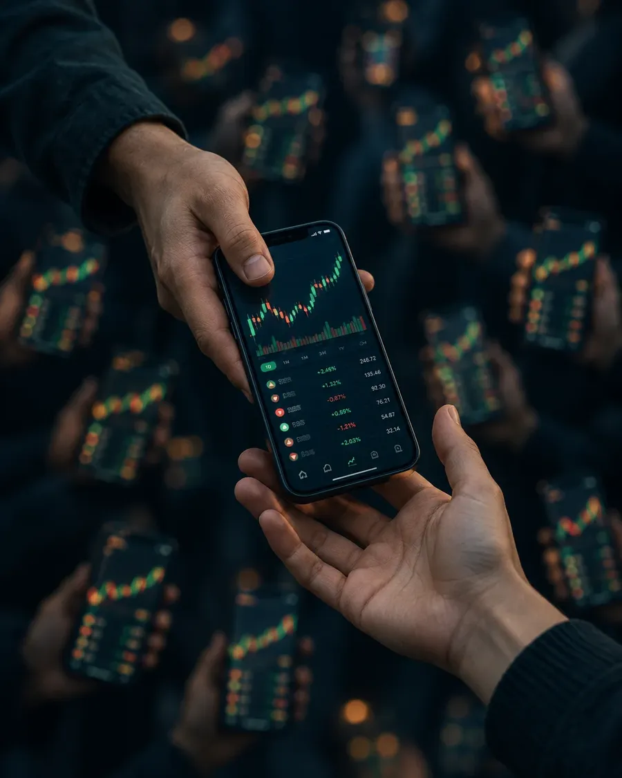 A trading app being handed from one person to another