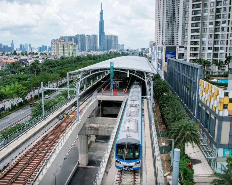 Metro Line 1 running on its elevated viaduct, one of HCMC's big capital-hungry infrastructure projects