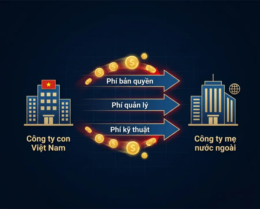 Minh họa cơ chế chuyển giá: dòng tiền chảy từ công ty con Việt Nam về công ty mẹ nước ngoài qua các khoản phí