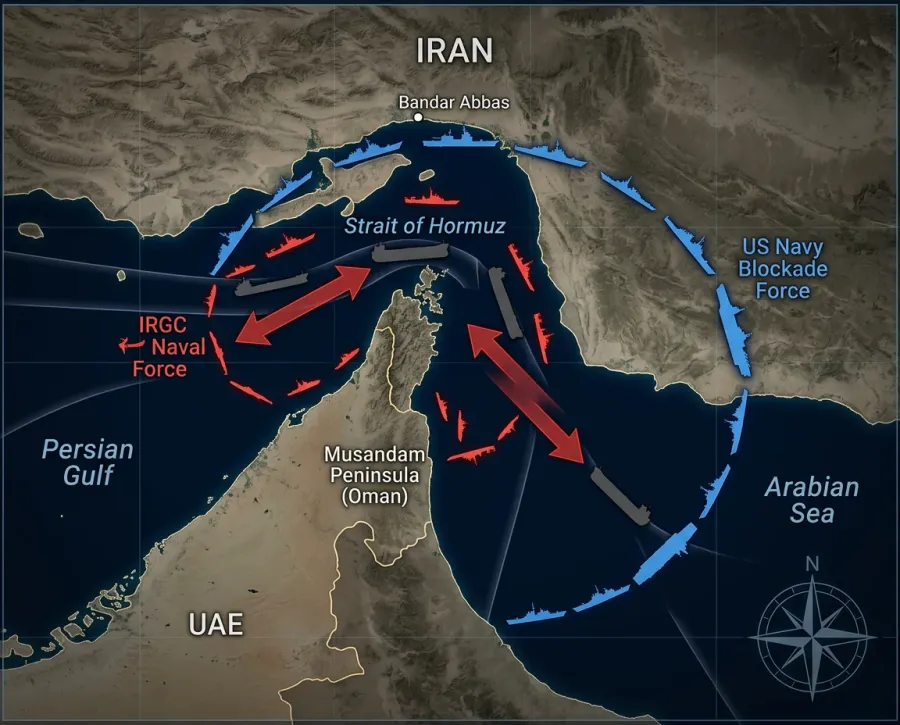 Bản đồ phong tỏa hai chiều tại eo biển Hormuz