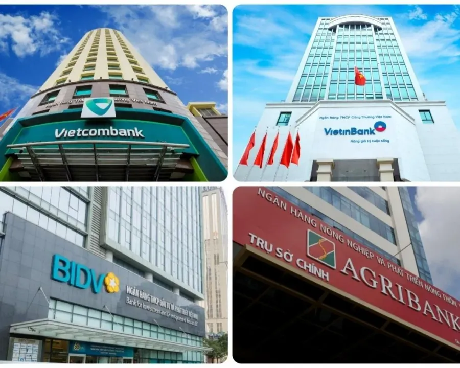Trụ sở Vietcombank, VietinBank, BIDV và Agribank — nhóm Big 4 ngân hàng quốc doanh