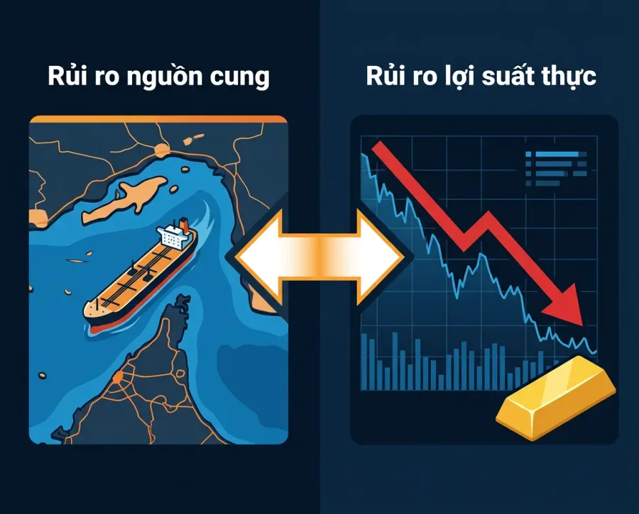 Hai kênh rủi ro: rủi ro nguồn cung (dầu) và rủi ro lợi suất thực (vàng)