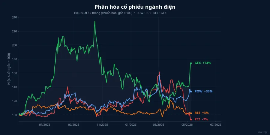 Phân hóa hiệu suất 12 tháng của cổ phiếu ngành điện