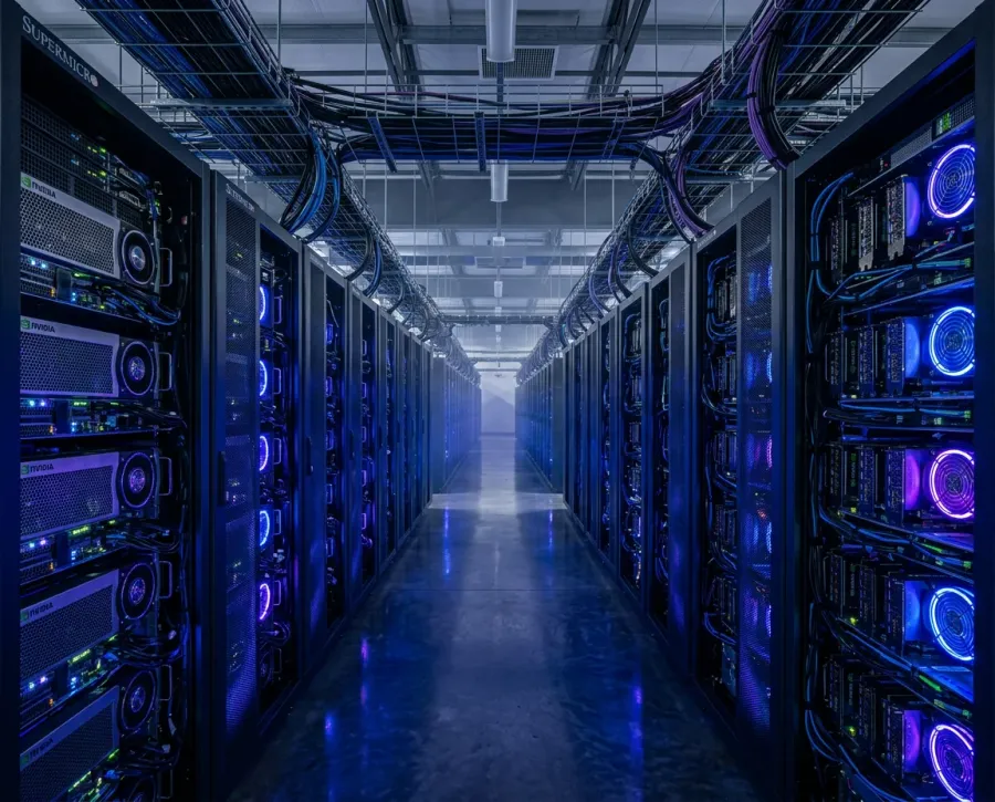 Trung tâm dữ liệu AI với hàng loạt máy chủ GPU