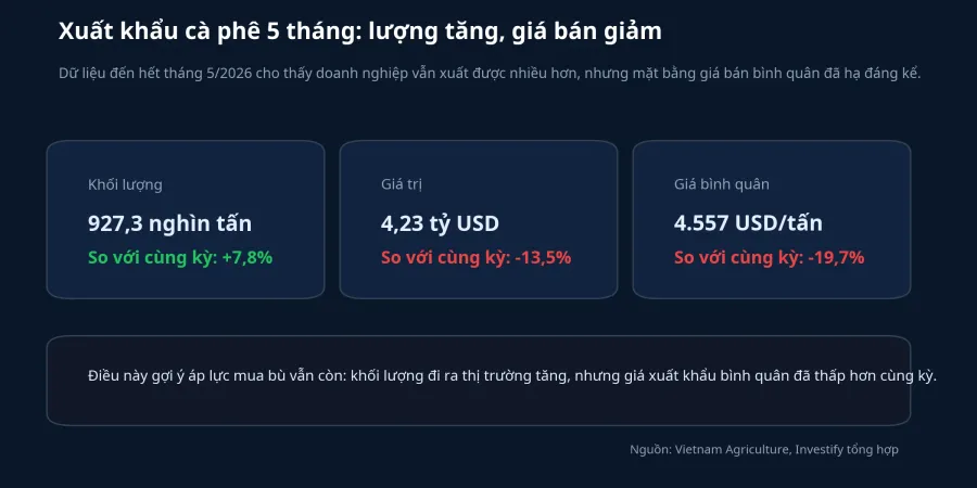Số liệu xuất khẩu cà phê 5 tháng đầu năm 2026