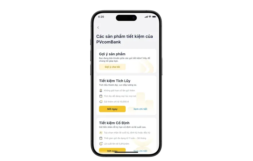 Giao diện sản phẩm tiết kiệm trên ứng dụng PVcomBank