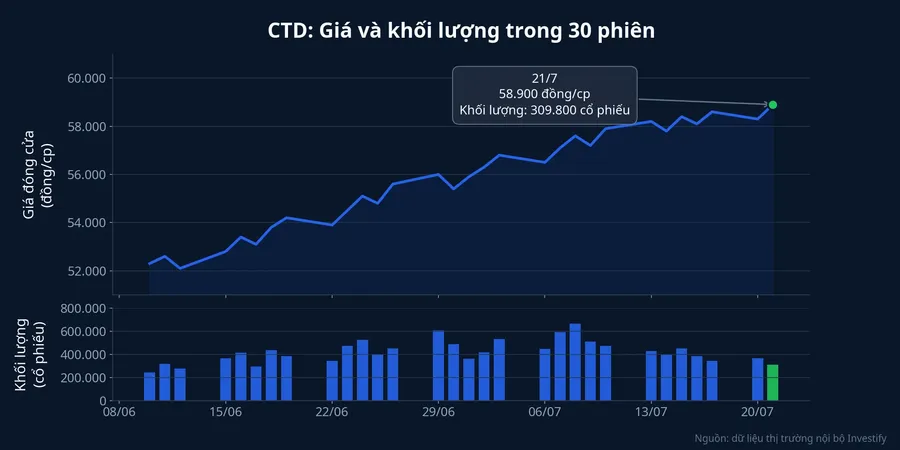 Biểu đồ giá và khối lượng CTD trong 30 phiên