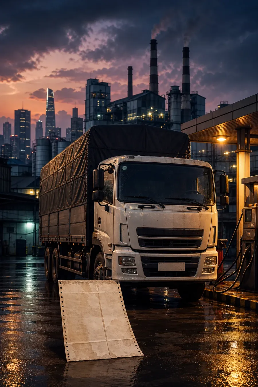 Xe tải và nhà máy minh họa áp lực chi phí năng lượng