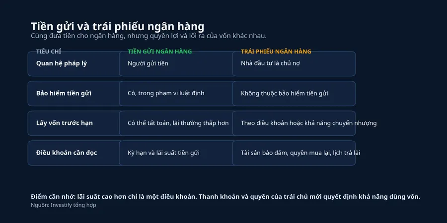 Bảng so sánh quyền lợi tiền gửi và trái phiếu ngân hàng