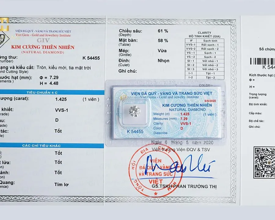 Giấy kiểm định kim cương tự nhiên cùng viên kim cương được soi bằng kính lúp