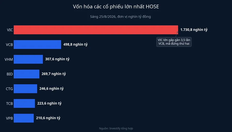Vốn hóa các cổ phiếu lớn nhất HOSE sáng 25/8