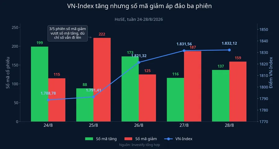 VN-Index tăng nhưng số mã giảm áp đảo ba phiên
