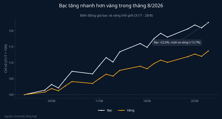 Bạc tăng nhanh hơn vàng trong tháng 8/2026