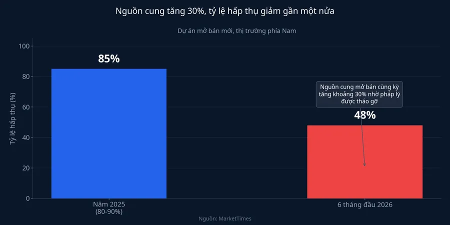 Nguồn cung tăng 30%, tỷ lệ hấp thụ giảm gần một nửa