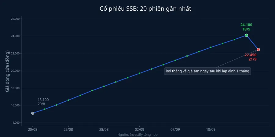 Biểu đồ giá đóng cửa SSB 20 phiên gần nhất, tăng từ 15.100 lên 24.100 đồng rồi rơi về giá sàn