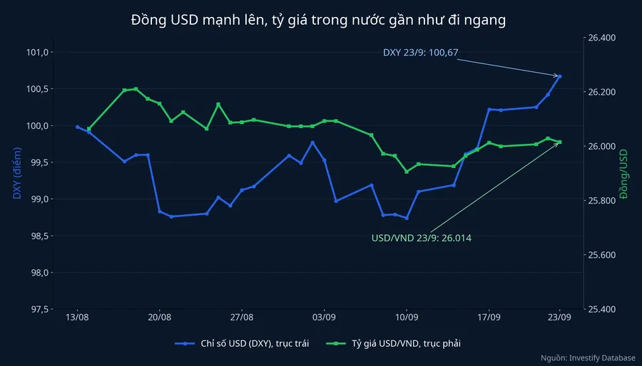 Chỉ số DXY và tỷ giá USD/VND trong 30 phiên gần nhất