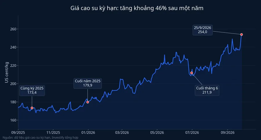 Diễn biến giá cao su kỳ hạn từ tháng 9/2025 đến 25/9/2026