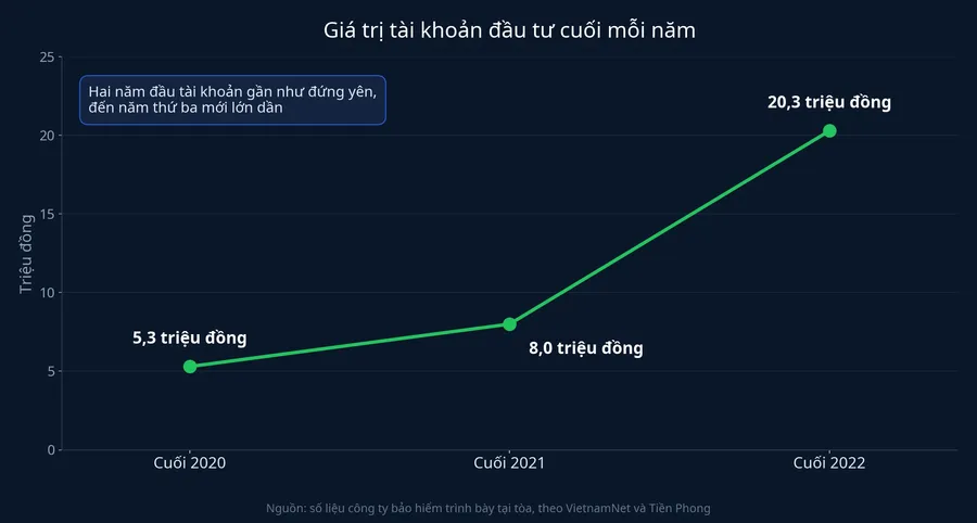 Biểu đồ giá trị tài khoản đầu tư cuối các năm 2020, 2021, 2022