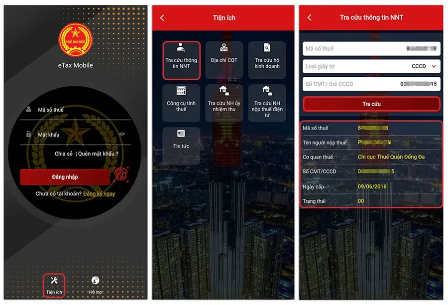 Giao diện ứng dụng eTax Mobile: đăng nhập, mục Tiện ích và màn hình tra cứu thông tin người nộp thuế
