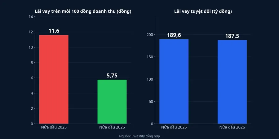 Lãi vay trên mỗi 100 đồng doanh thu và lãi vay tuyệt đối