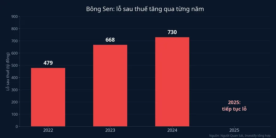 Lỗ sau thuế của Bông Sen các năm 2022 đến 2024 và ghi chú năm 2025 tiếp tục lỗ