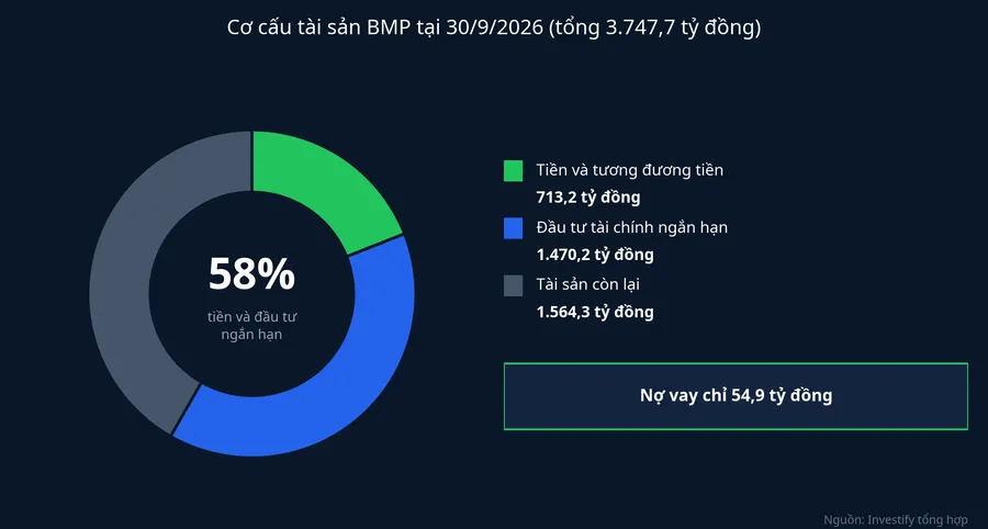 Cơ cấu tài sản BMP tại 30/9/2026: 58% là tiền và đầu tư ngắn hạn, nợ vay chỉ 54,9 tỷ đồng