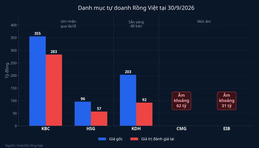 Giá gốc và giá trị đánh giá lại các mã trong danh mục tự doanh Rồng Việt tại 30/9/2026