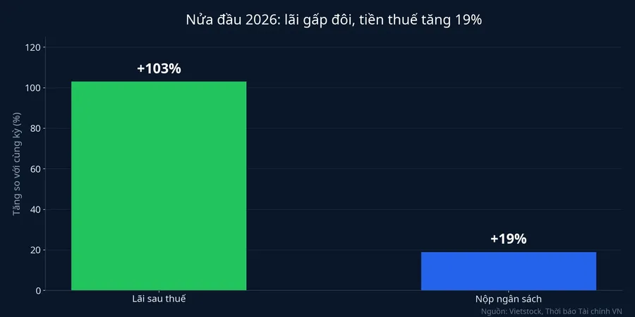Nửa đầu 2026: lãi sau thuế tăng 103%, số nộp ngân sách tăng 19%